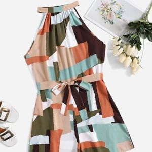 Colorblock Geo Print Belted Halter Romper